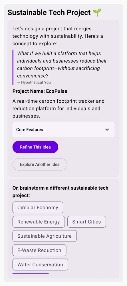Kai generating an EcoPulse sustainable tech brainstorm with features and theme chips