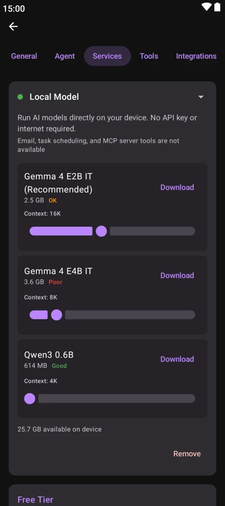 Context size slider ranging from 4K to 32K tokens with a performance indicator