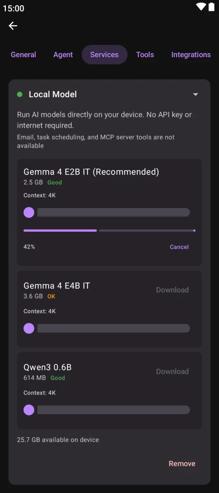 Gemma 4 model downloading with a progress percentage