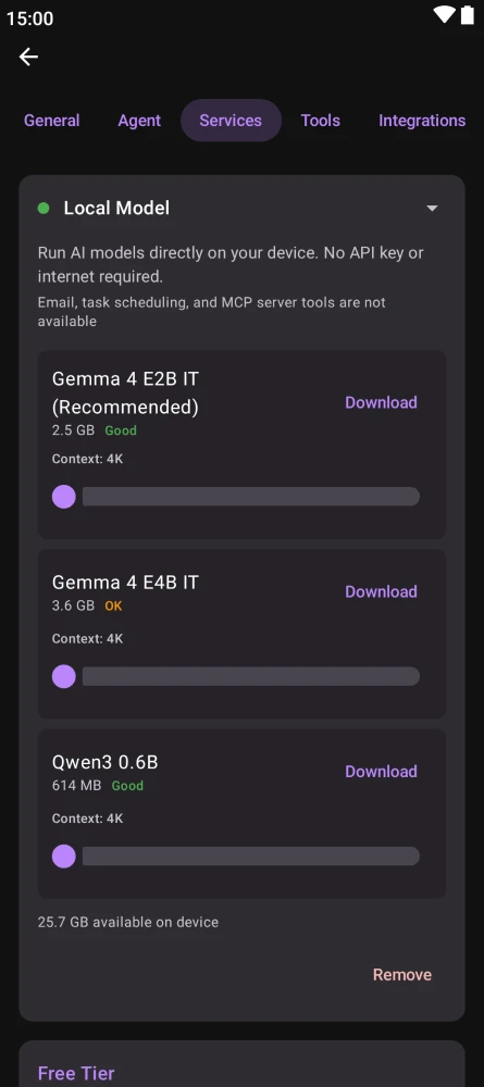 LiteRT settings card showing Gemma 4 E2B IT (recommended), Gemma 4 E4B IT, and Qwen3 0.6B with size and download buttons