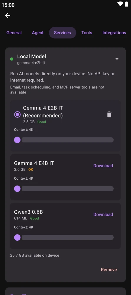 Gemma 4 model card with the active-model radio button selected