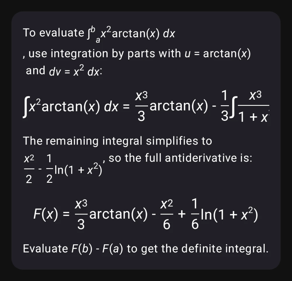 Screenshot of Kai rendering integration by parts of x squared times arctangent of x, with antiderivative F of x equals x cubed over three times arctan x minus x squared over six plus one sixth natural log of one plus x squared