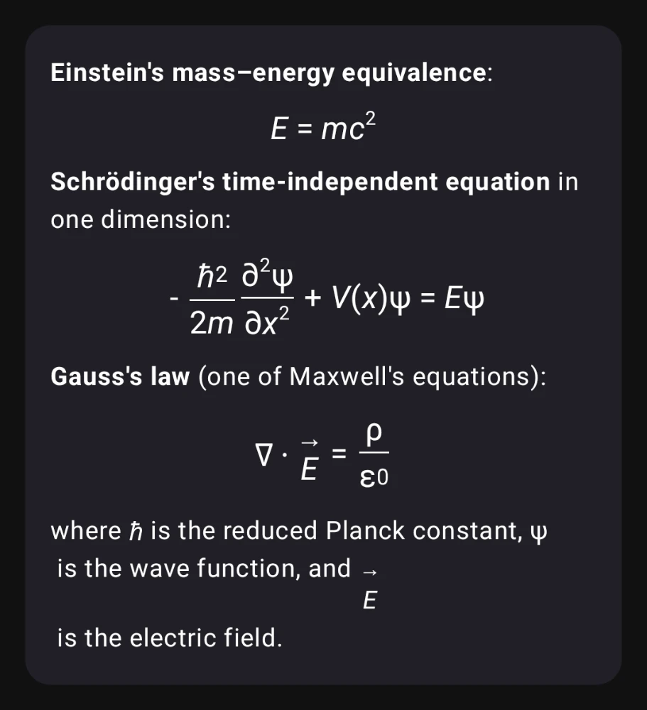 Screenshot of Kai rendering Einstein's mass energy equivalence E equals m c squared, the time independent Schrödinger equation in one dimension with reduced Planck constant h-bar, and Gauss's law with the divergence of the electric field equals rho over epsilon zero