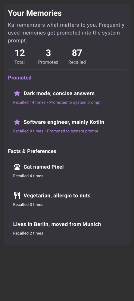 Memory system showing facts Kai remembers