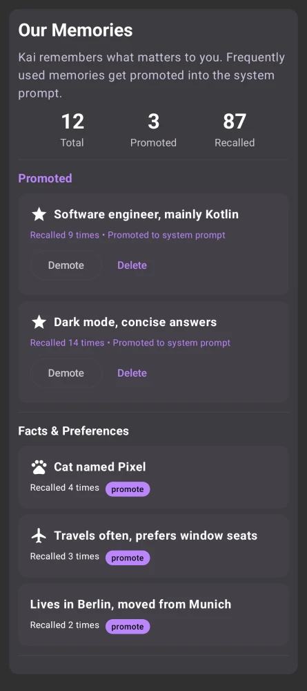 Kai memory system showing facts the assistant remembers
