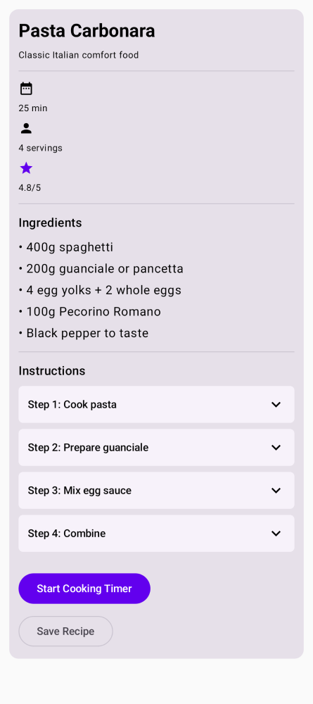 Recipe card with ingredients and action buttons