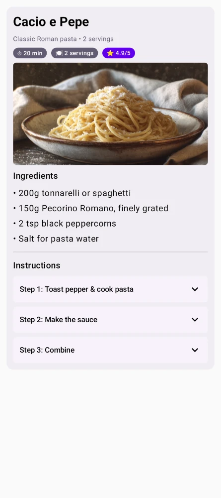 Kai generating a recipe card with ingredients and action buttons