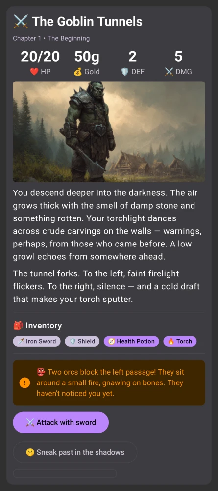Kai generating a survival game screen with health stats, inventory, and choice buttons