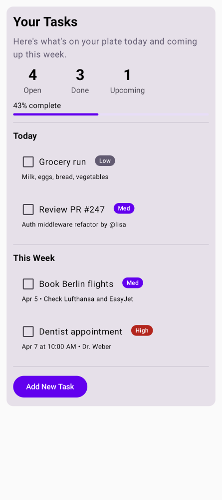 Task management with priorities and progress tracking